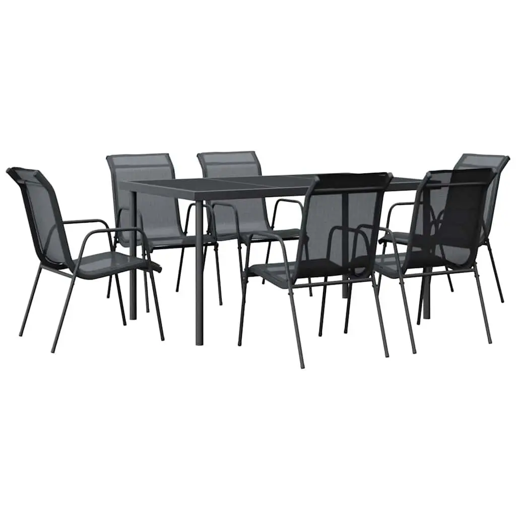 Outdoor Patio Dining Set 7 Piece Black Steel Table Textilene Chairs
