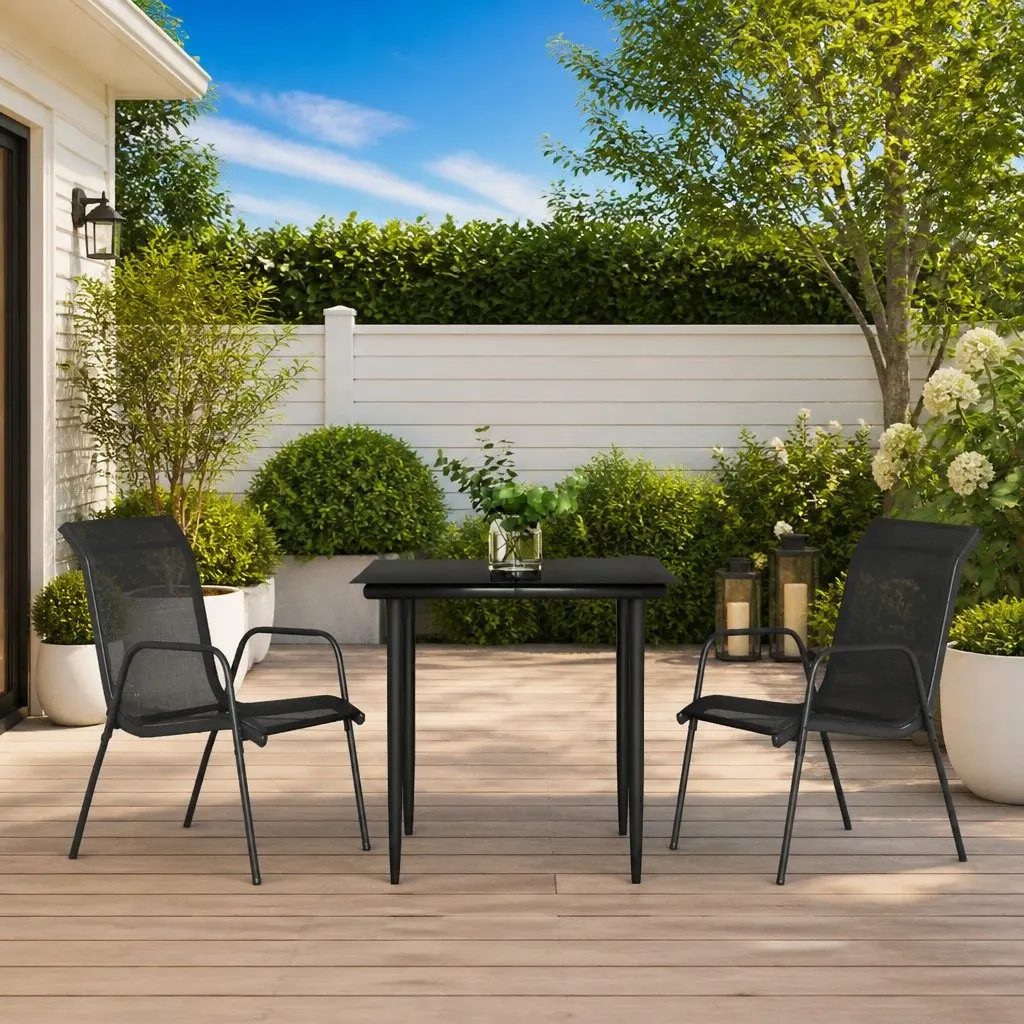 Garden Dining Set 3 Piece Black Steel Textilene Armchairs