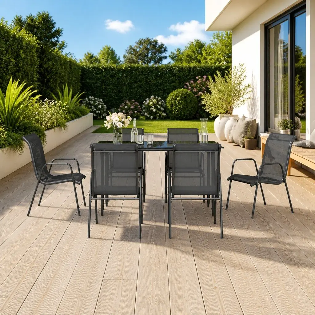 Outdoor Garden Dining Set 7 Piece Steel Textilene Chairs Table Black
