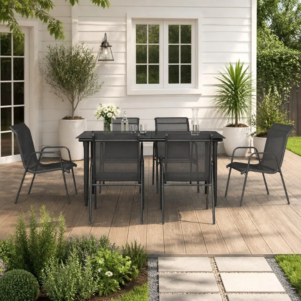 Outdoor Dining Set 7 Piece Weather Resistant Textilene Black Steel Table Chairs