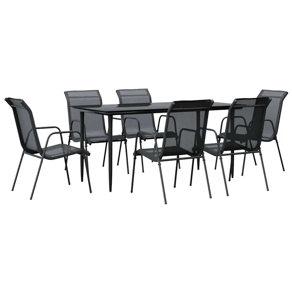 Outdoor Dining Set 7 Piece Weather Resistant Textilene Black Steel Table Chairs