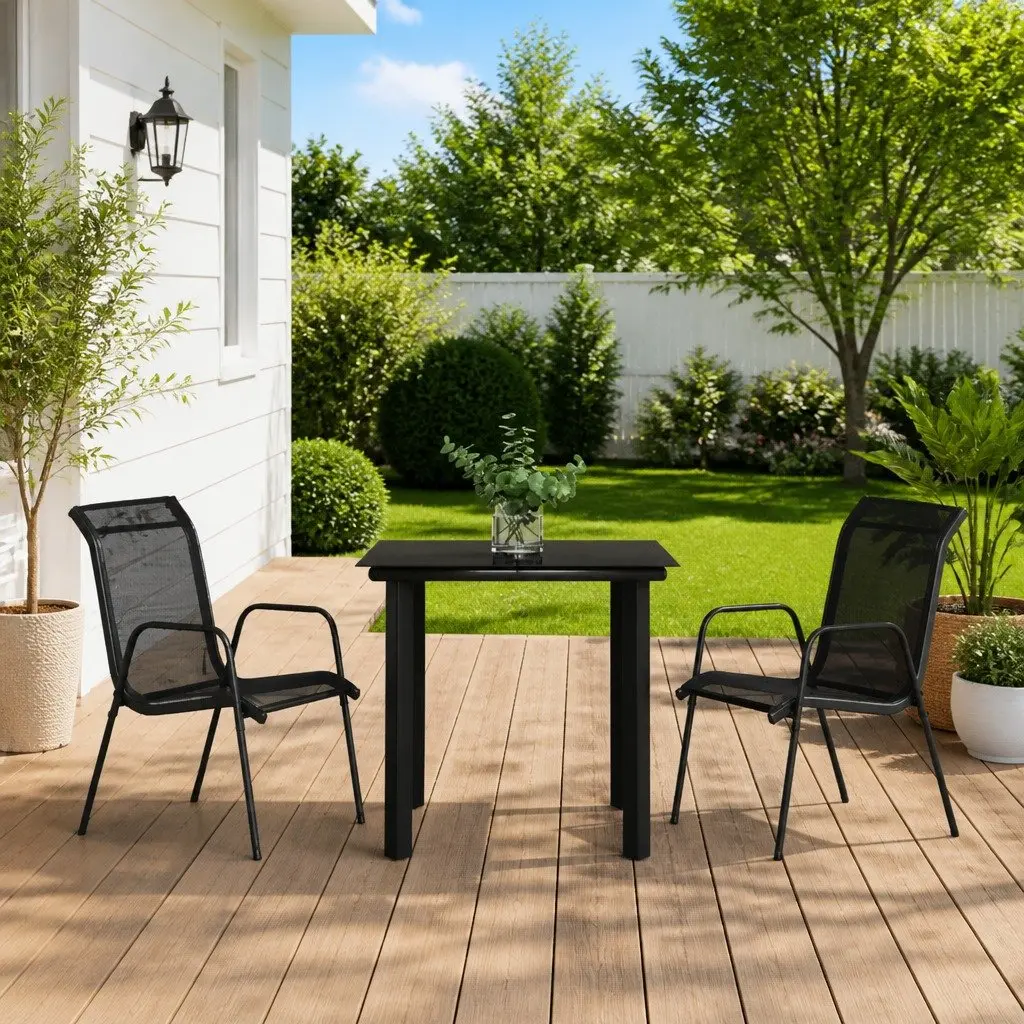 Garden Dining Set 3 Piece Black Steel Textilene Armchairs