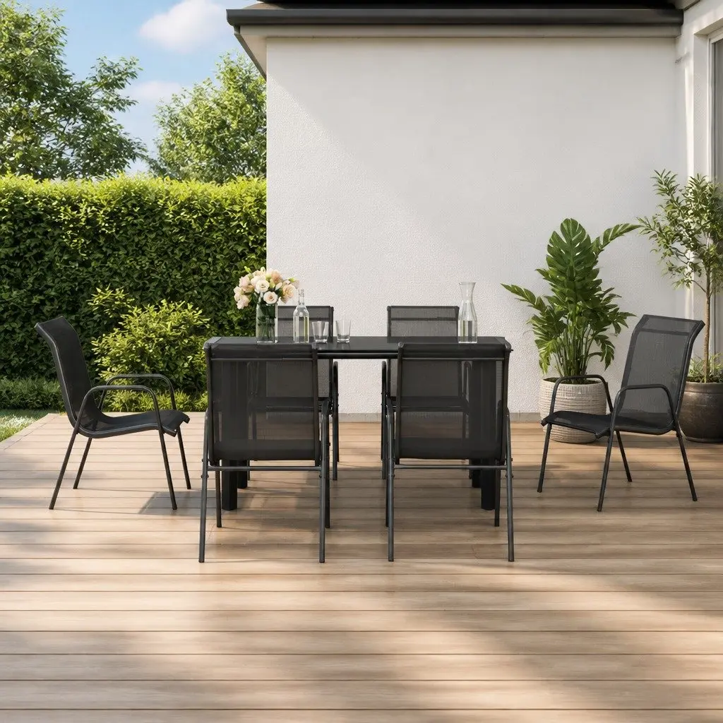 Garden Dining Set 7 Piece Black Steel Textilene Chairs Table