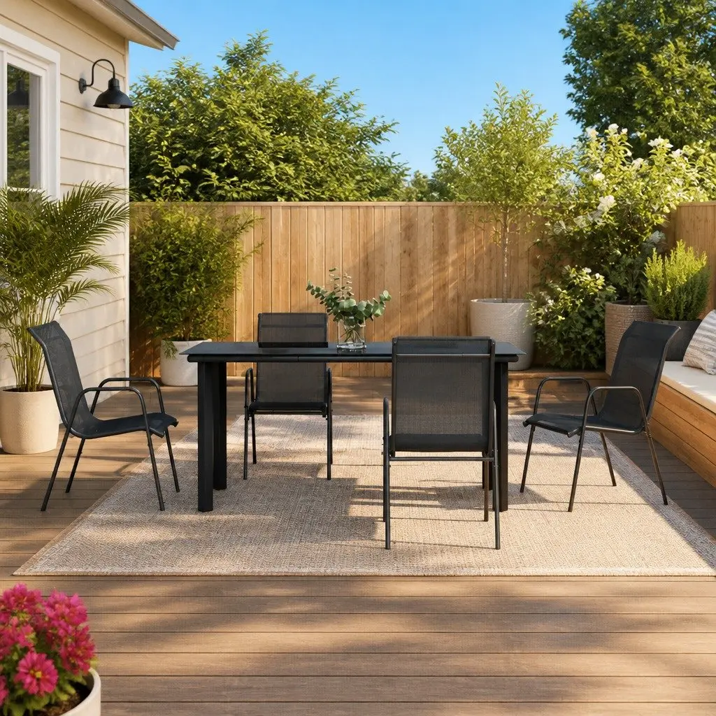 Garden Dining Set 5 Piece Black Steel Textilene Chairs Table Outdoor Patio