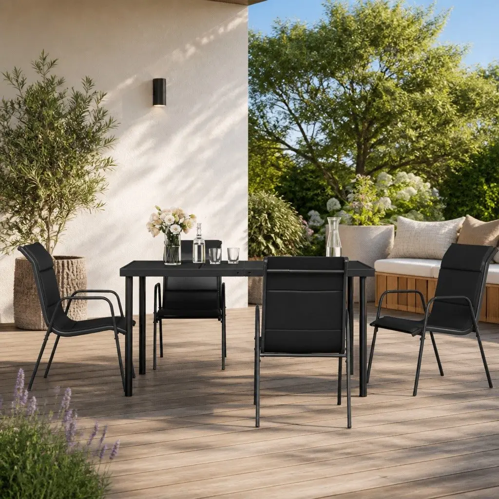 Garden Dining Set Black Steel Textilene Chairs Table 5 Piece