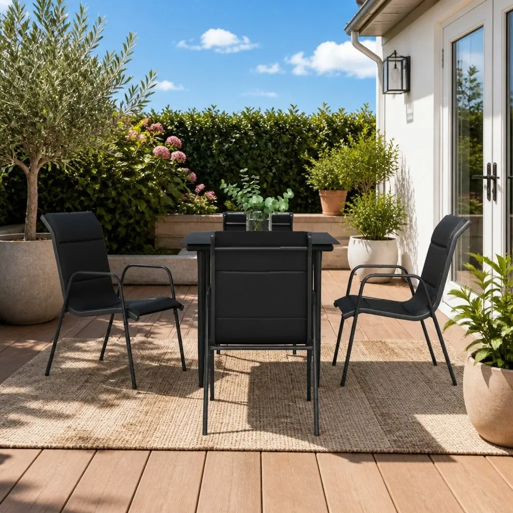 Outdoor Dining Furniture Set 5 Piece Black Textilene Chairs and Glass Table Steel Frame