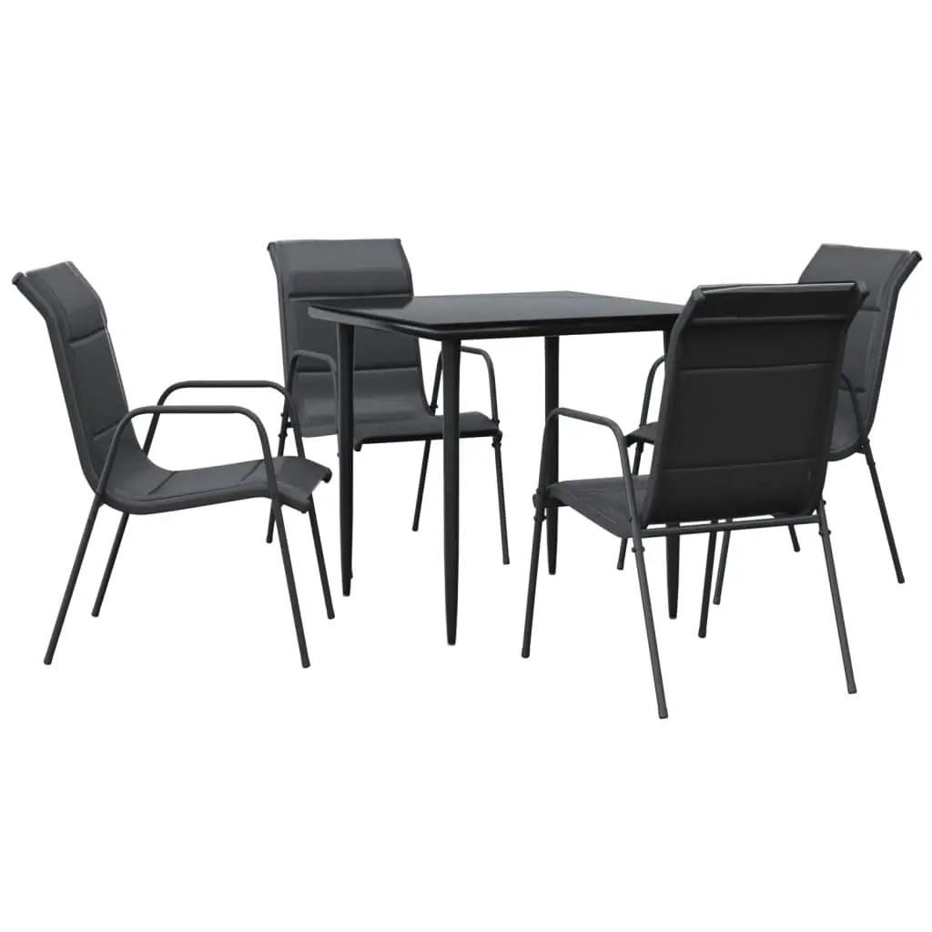 Outdoor Dining Furniture Set 5 Piece Black Textilene Chairs and Glass Table Steel Frame