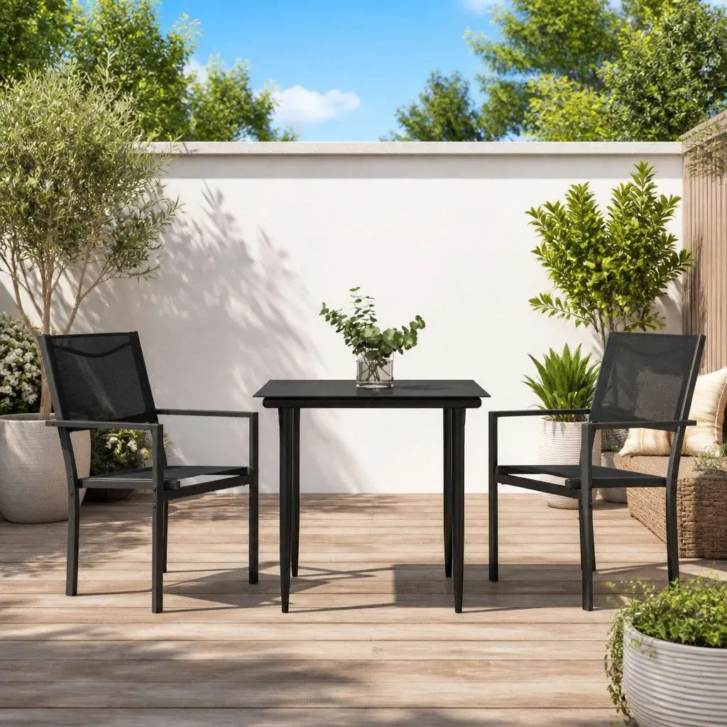 Garden Dining Set 3 Piece Black Steel Textilene Patio Table Chairs