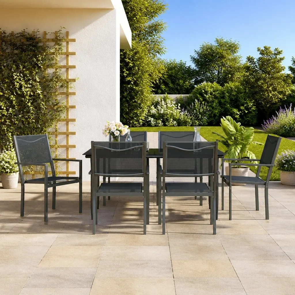 Outdoor Furniture Set 7 Piece Dining Table and Chairs Black Steel Textilene