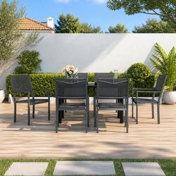 7 Piece Garden Dining Set Black Steel Textilene Outdoor Furniture Patio Table