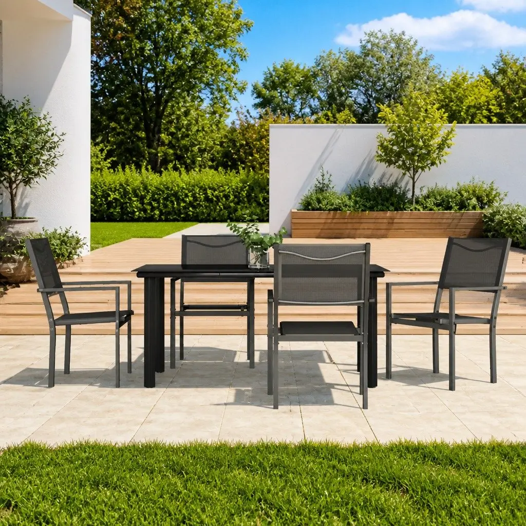 Garden Dining Set 5 Piece Black Steel Chairs Table Patio
