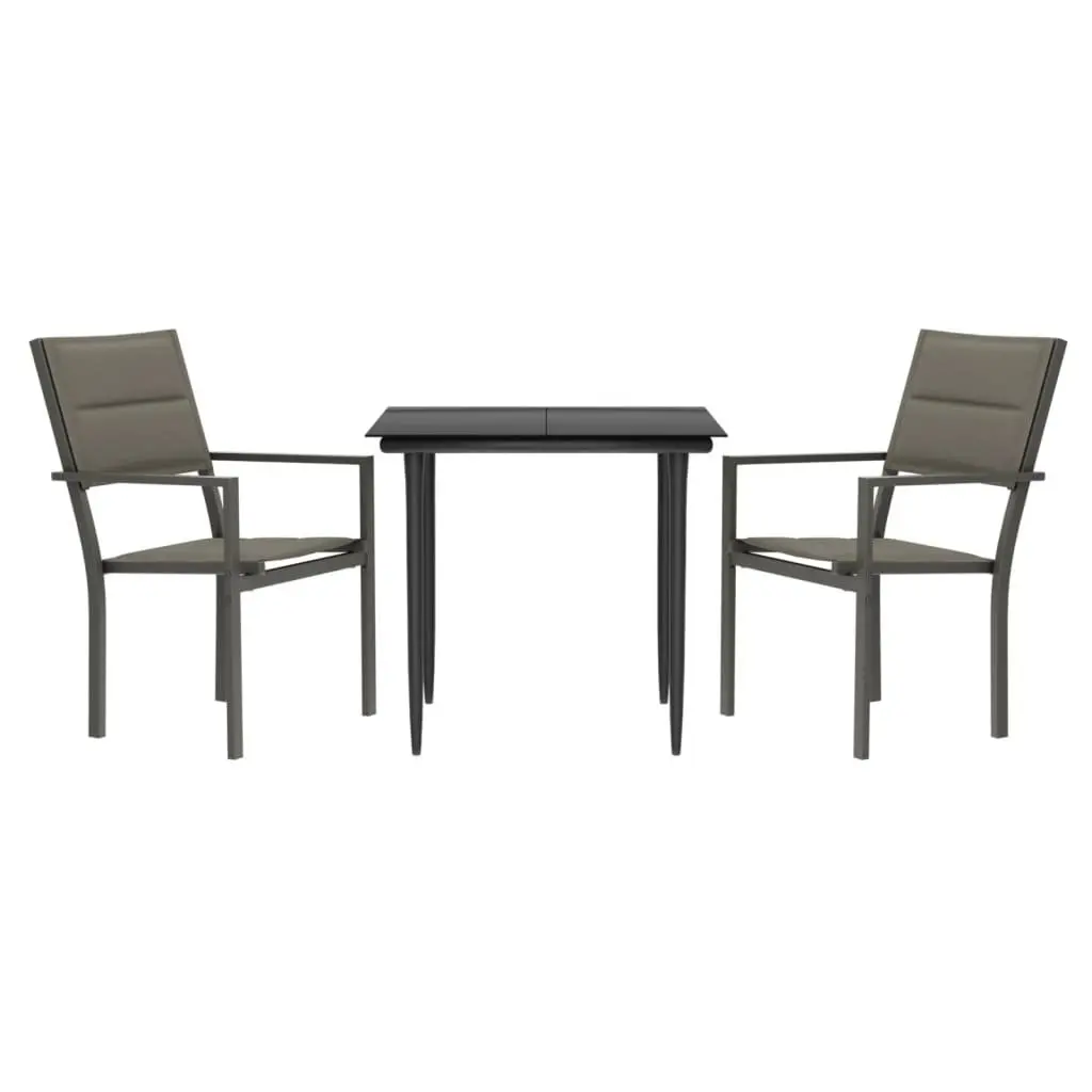Outdoor Furniture Set 3 Piece Black Steel Frame Textilene Chairs with Glass Table for Patio Dining