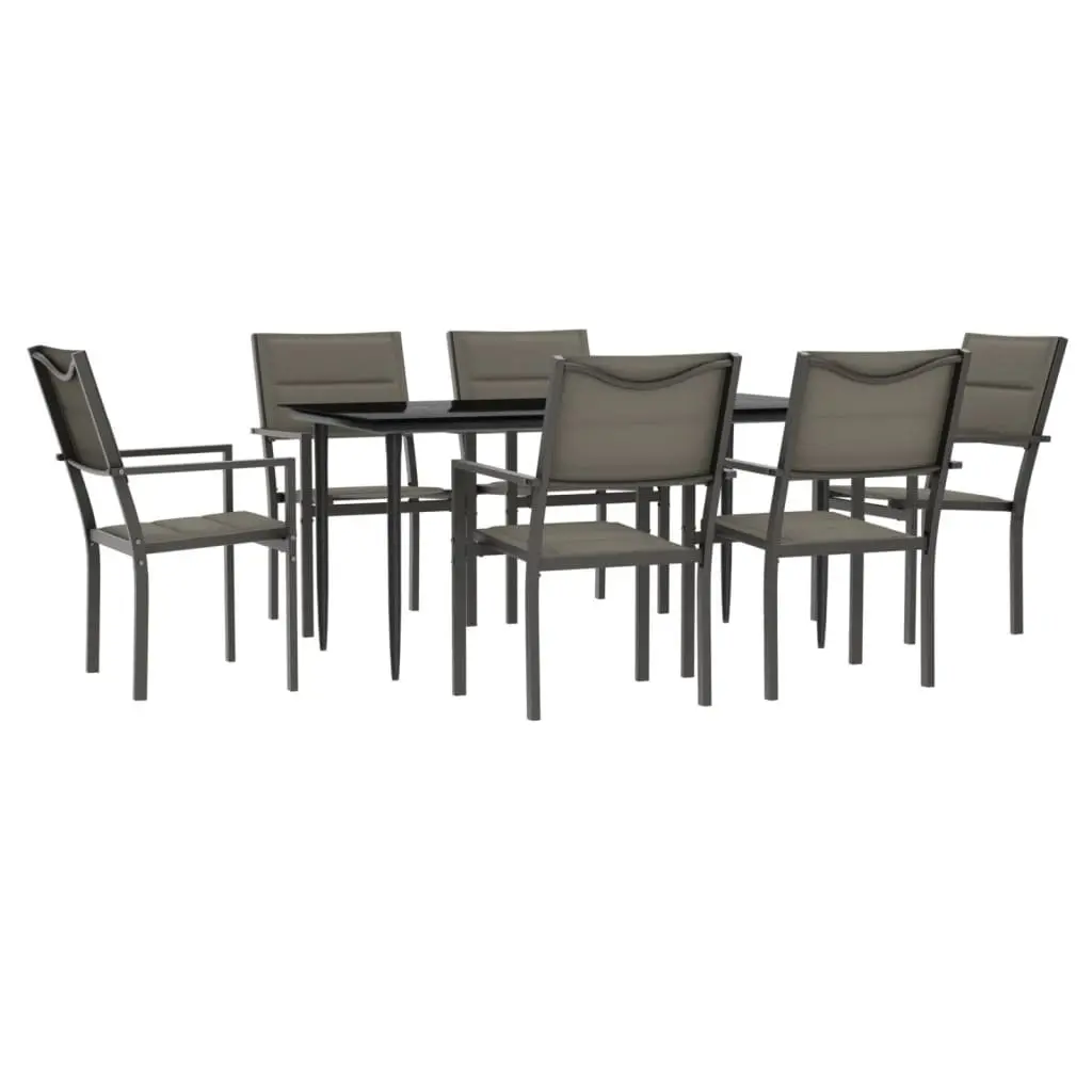 Outdoor Dining Set with Glass Top and Textilene Chairs 7 Piece Black Steel Frame