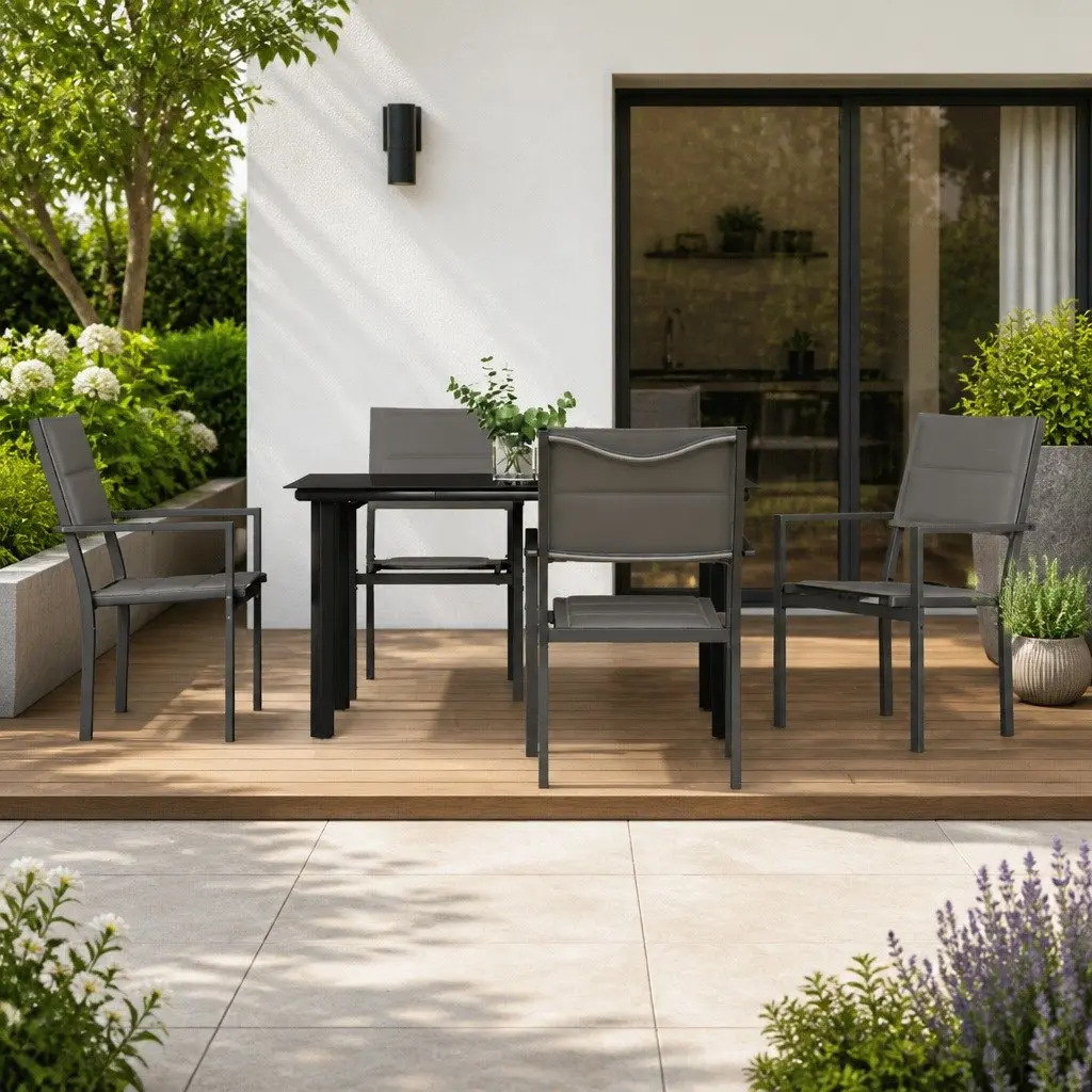 5 Piece Garden Dining Set Black Steel Textilene Outdoor Patio Furniture Table