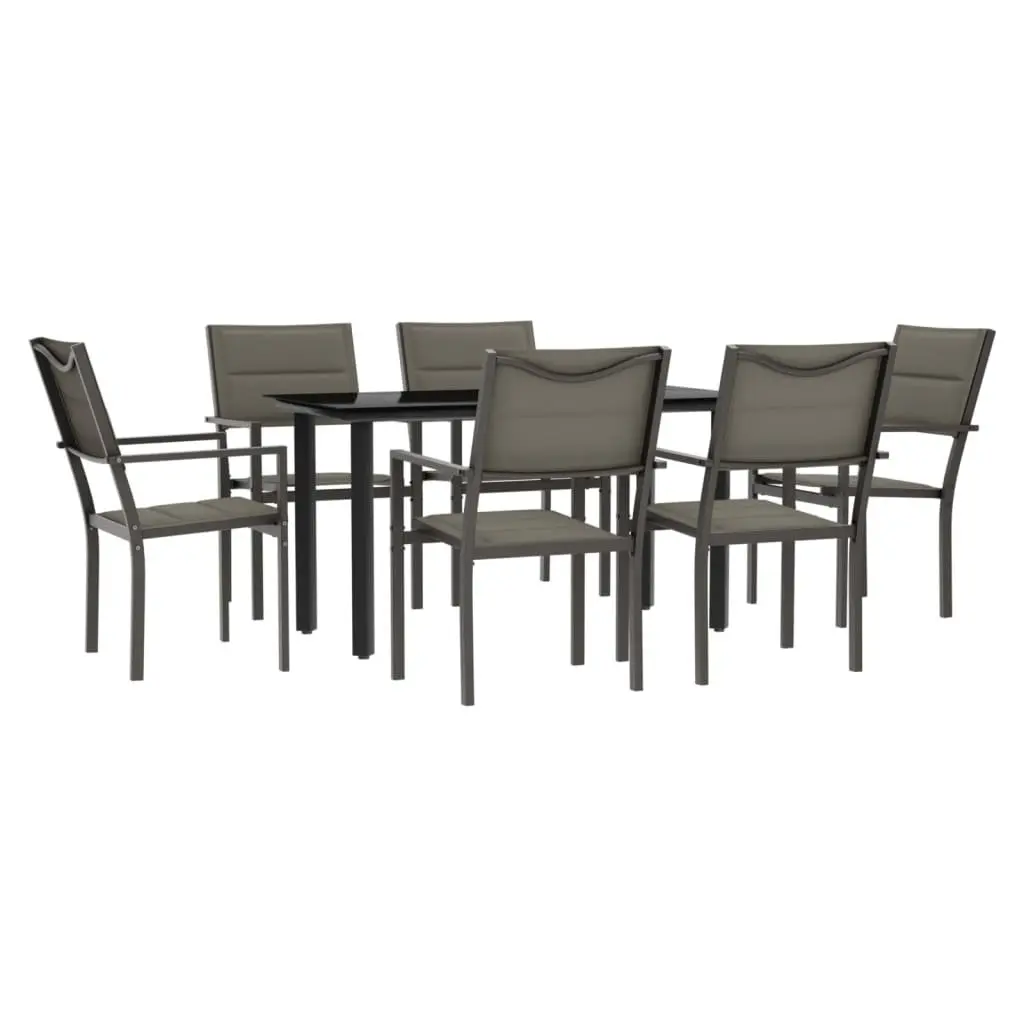 7 Piece Black Steel Garden Dining Set with Ergonomic Textilene Chairs and Tempered Glass Table