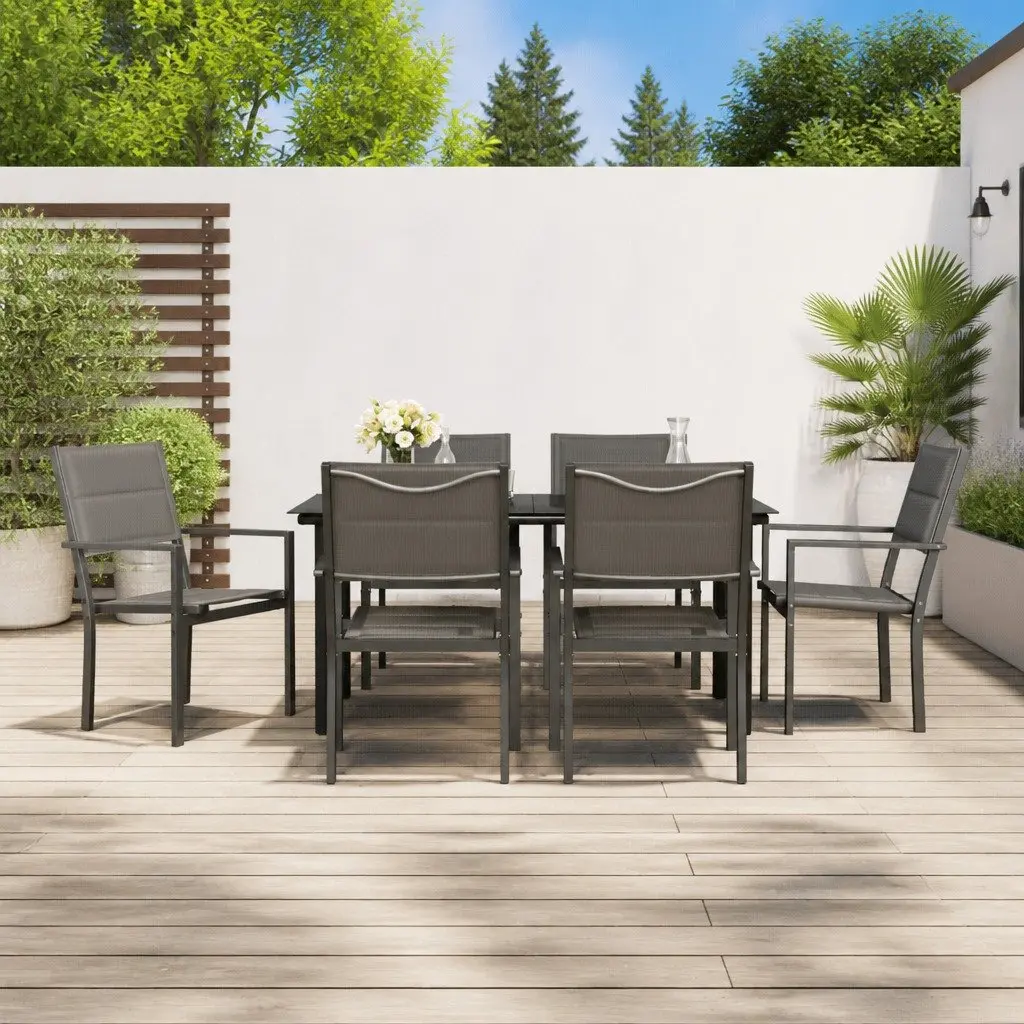 7 Piece Outdoor Garden Dining Set Black Steel Frame Textilene Chairs Tempered Glass Table