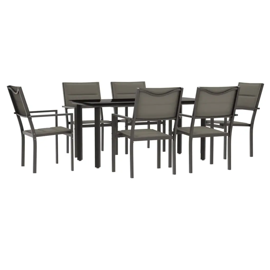 7 Piece Outdoor Garden Dining Set Black Steel Frame Textilene Chairs Tempered Glass Table