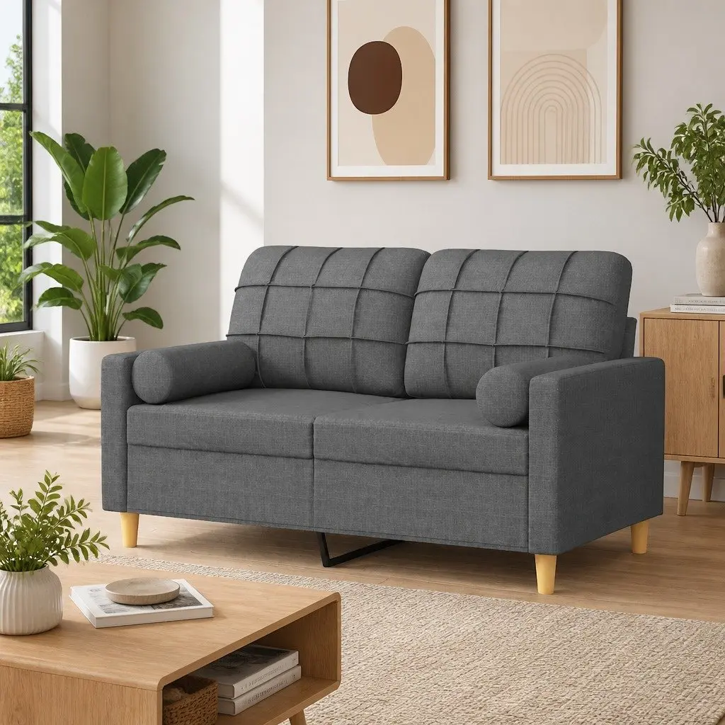 2-Seater Lounge Sofa Grey Fabric with Throw Pillows for Living Room