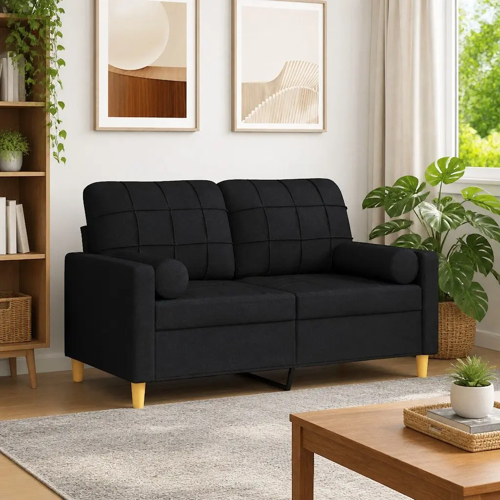 2-Seater Sofa Black 120cm Modern Design Lounge with Throw Pillows Fabric Settee