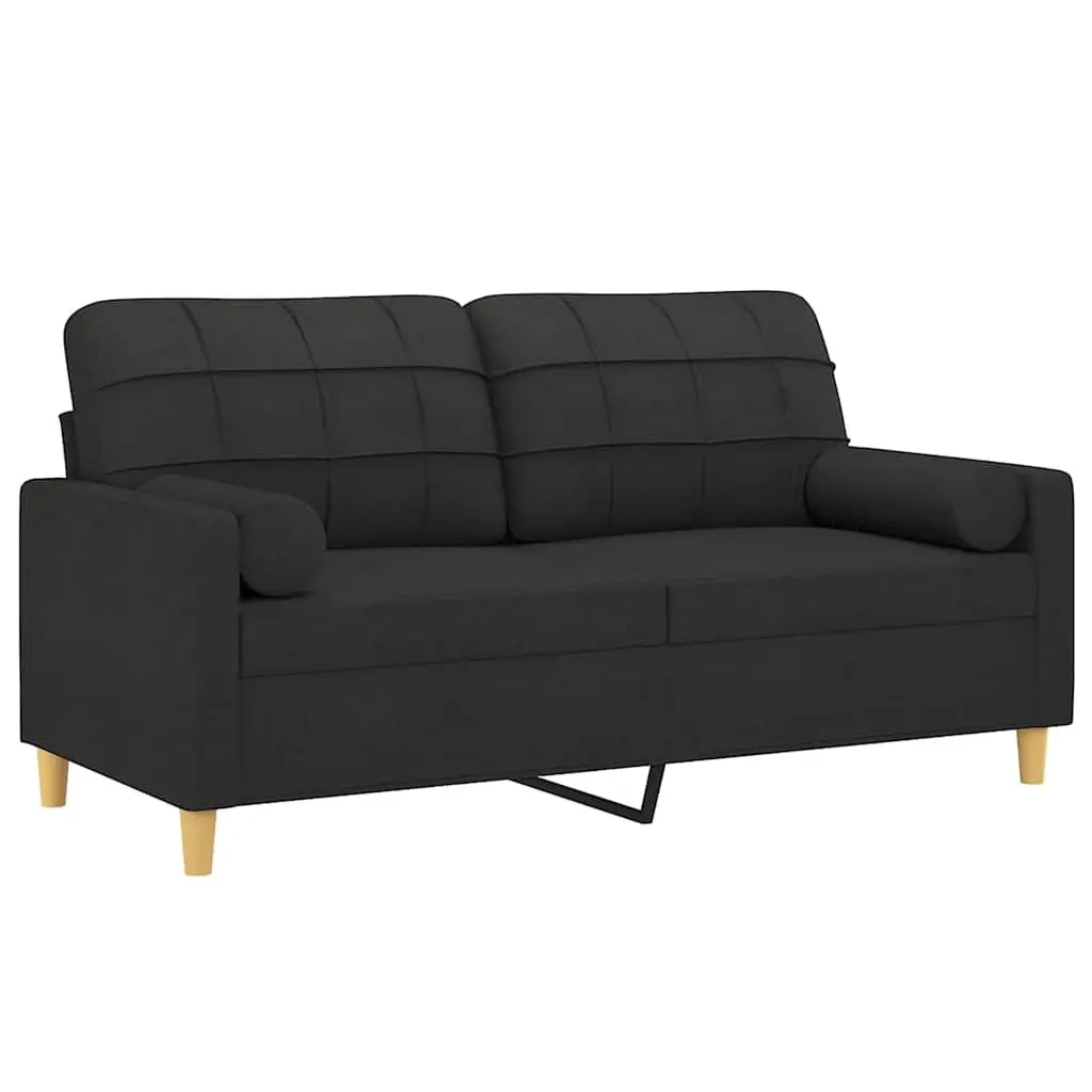 2-Seater Sofa Black Fabric Modern Lounge with Throw Pillows 140cm Living Room