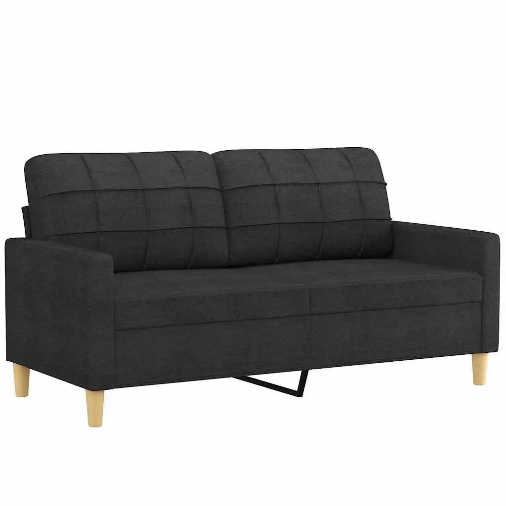 2-Seater Sofa Black Fabric Modern Lounge with Throw Pillows 140cm Living Room