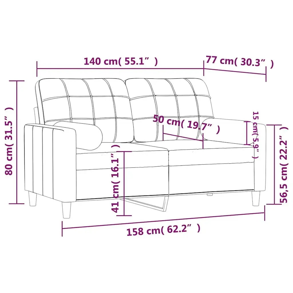 2-Seater Sofa Black Fabric Modern Lounge with Throw Pillows 140cm Living Room