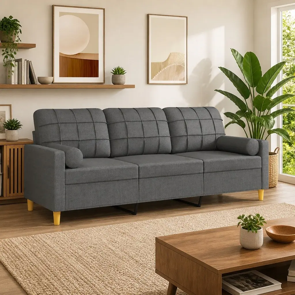 Lounge Sofa Grey Fabric 180cm 3-Seater with Throw Pillows