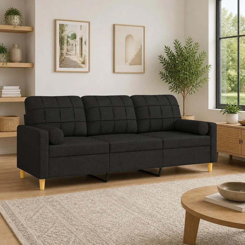 3-Seater Sofa Black Fabric Modern Lounge Couch with Throw Pillows 180cm Living