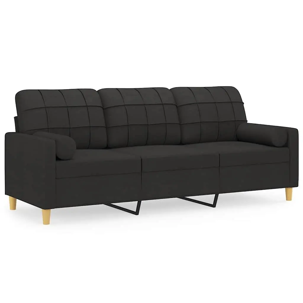 3-Seater Sofa Black Fabric Modern Lounge Couch with Throw Pillows 180cm Living