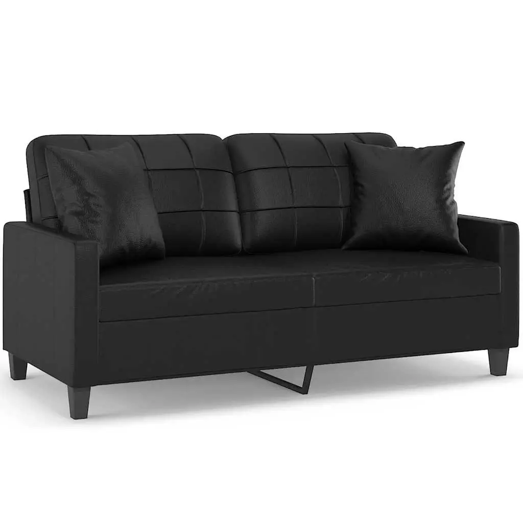 Black Faux Leather 2-Seater Sofa Modern Lounge Couch with Throw Pillows 140cm