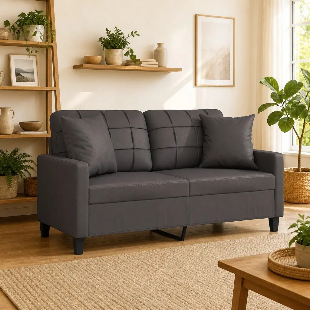 Grey Faux Leather 2-Seater Lounge Sofa with Throw Pillows 140cm