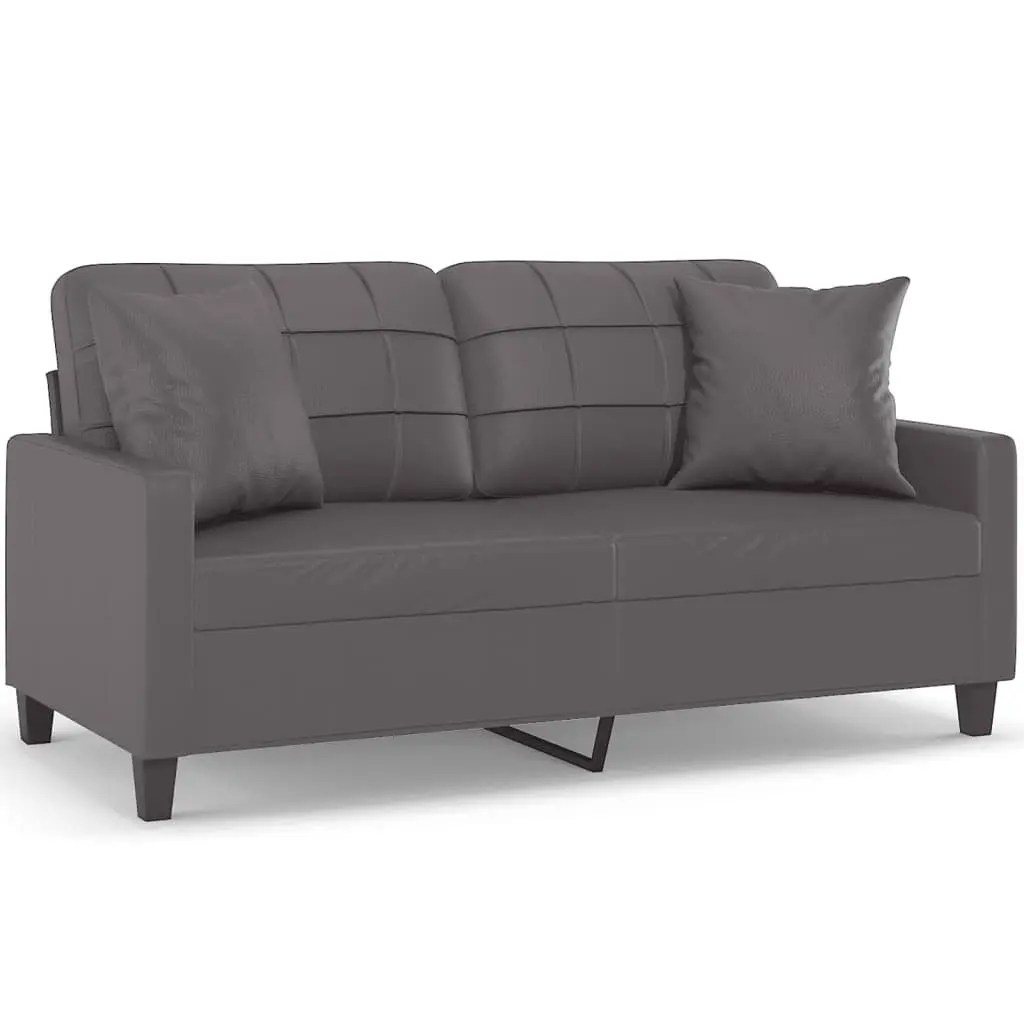 Grey Faux Leather 2-Seater Lounge Sofa with Throw Pillows 140cm