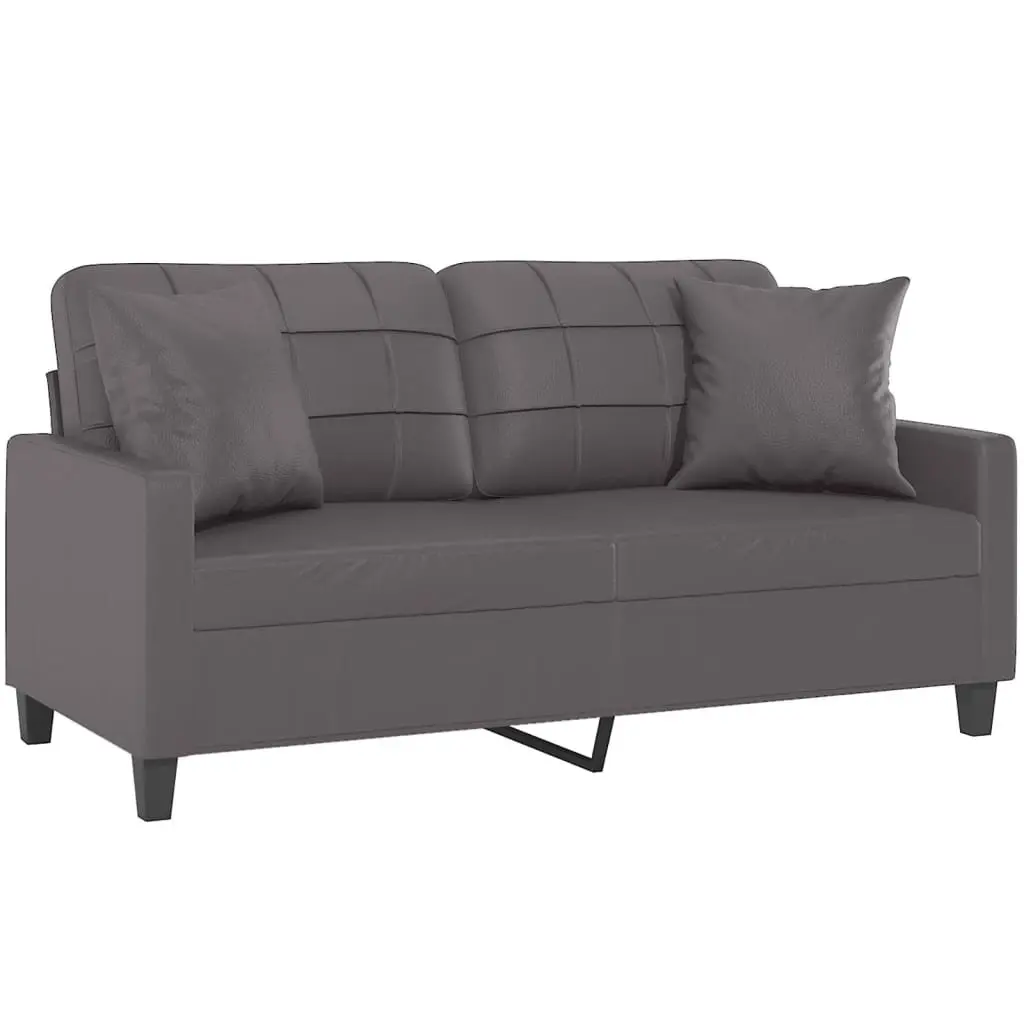Grey Faux Leather 2-Seater Lounge Sofa with Throw Pillows 140cm