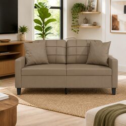 2-Seater Sofa Faux Leather Brown Modern Lounge Couch with Throw Pillows 140cm