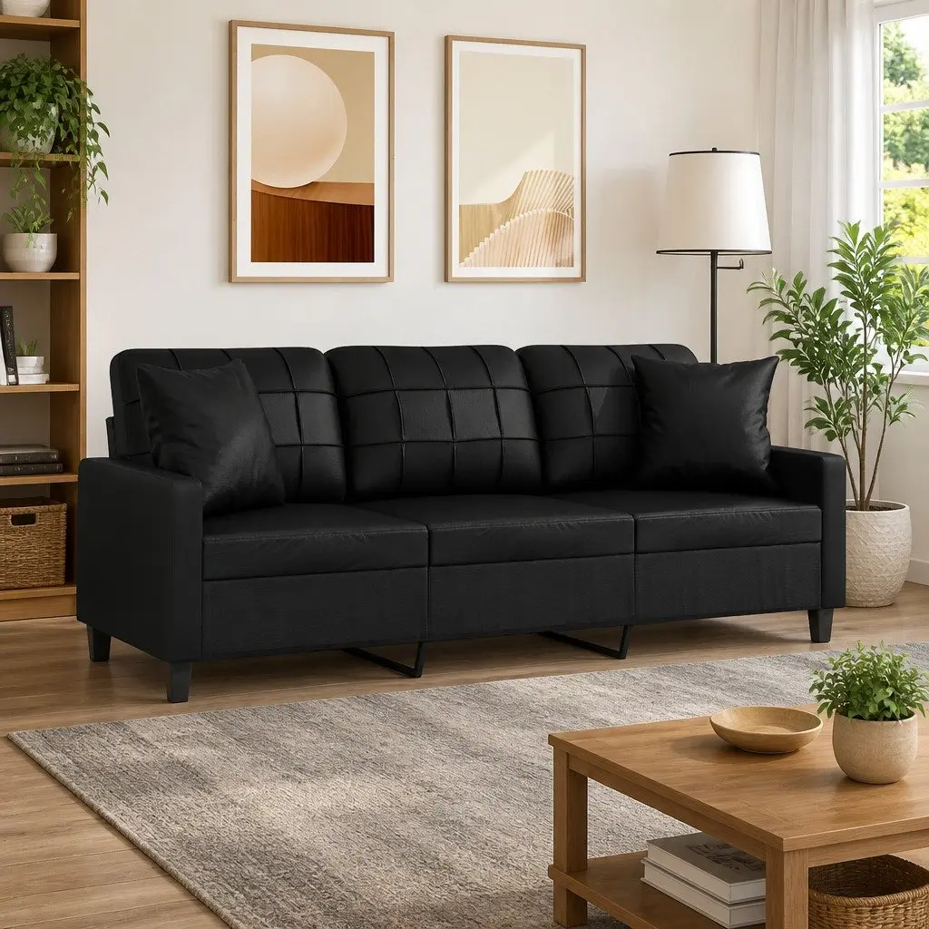 Black Faux Leather 3-Seater Sofa