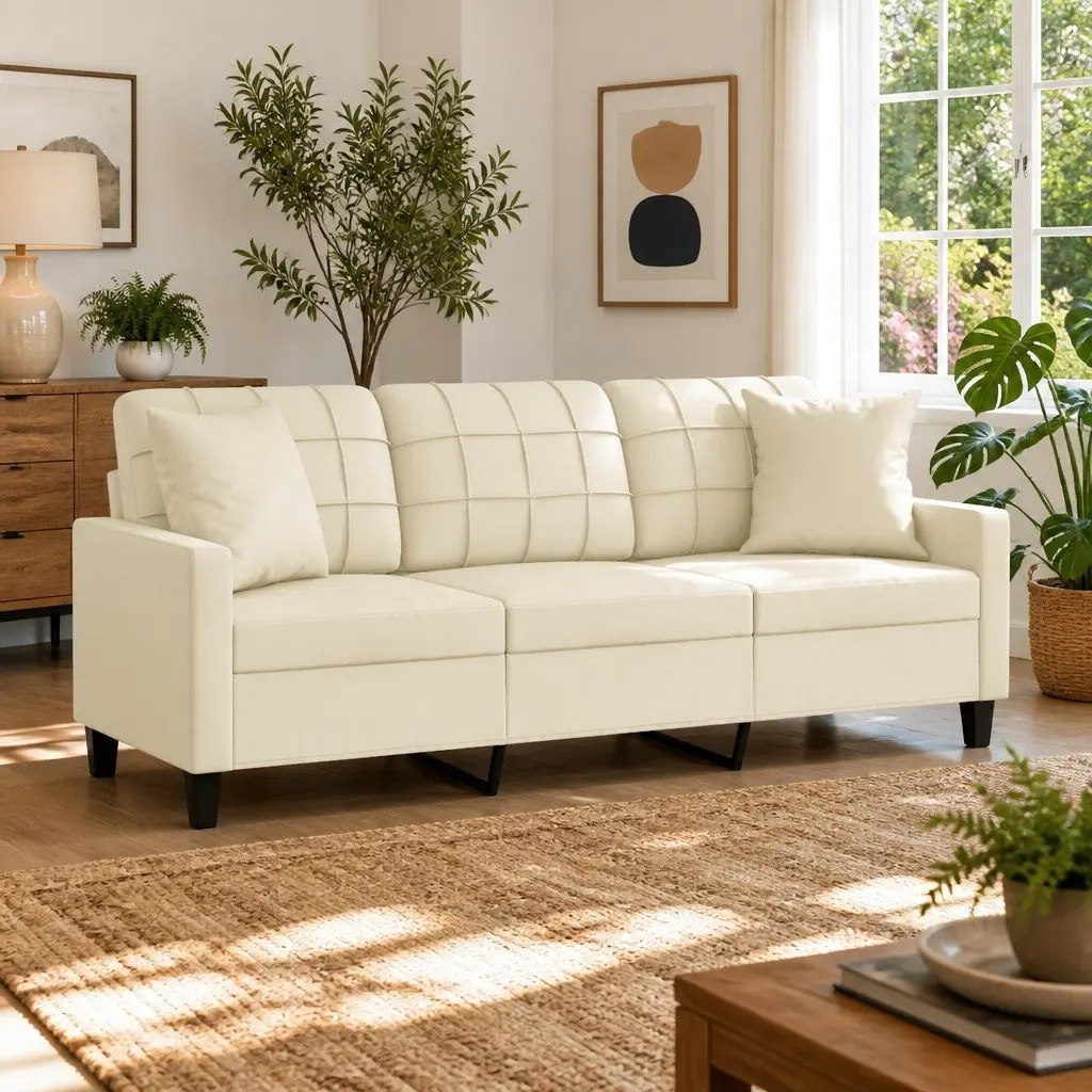 3-Seater Sofa in Cream Faux Leather
