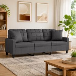 3-Seater Sofa Grey Faux Leather Modern Lounge Couch with Throw Pillows 180cm
