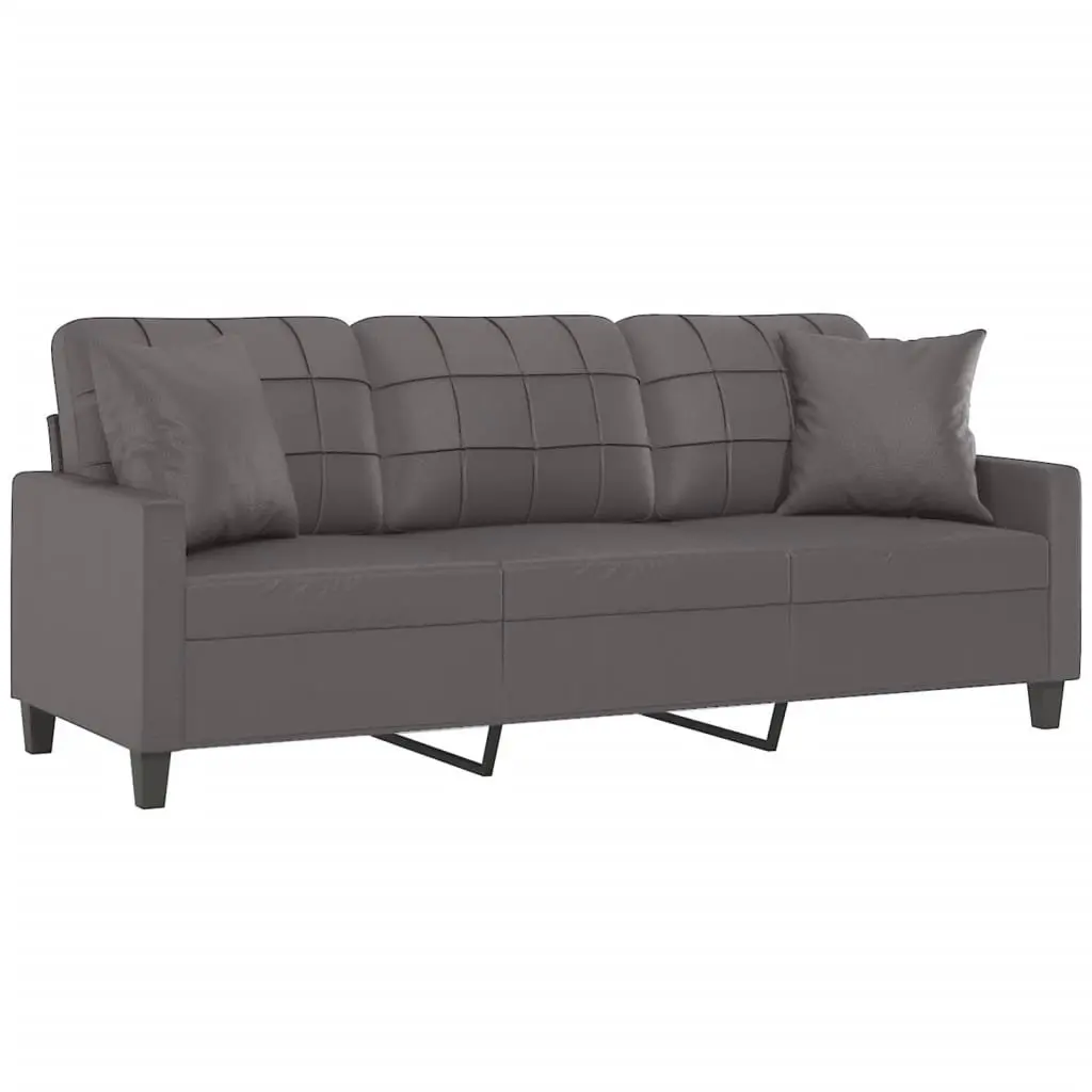 Faux Leather 3-Seater Sofa with Throw Pillows Grey 180cm