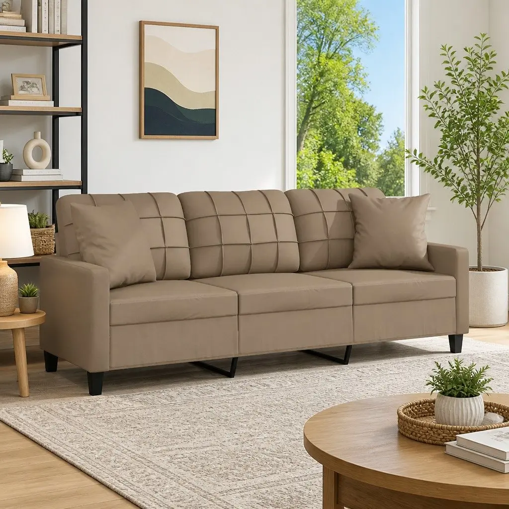 BrownFauxLeatherModern3SeaterSofa180cmwithThrowPillows
