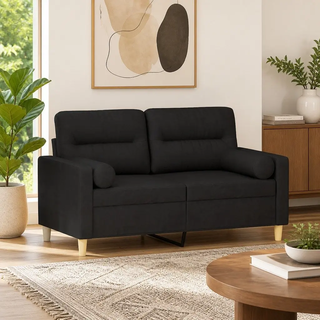 Black Fabric 2-Seater Sofa with Padded Seats and Throw Pillows 120cm