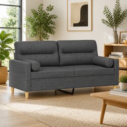 2-Seater Sofa Grey Fabric Modern Lounge with Throw Pillows 140cm
