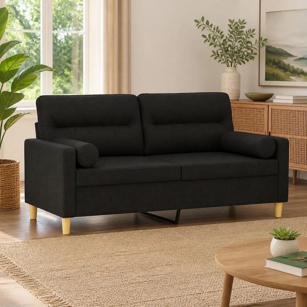 2-Seater Sofa Modern Black 140cm Fabric Couch with Throw Pillows