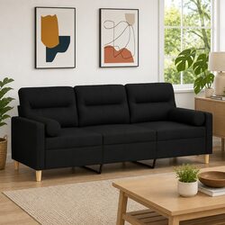 3-Seater Sofa Black Fabric Modern Living Room Couch with Throw Pillows 180cm
