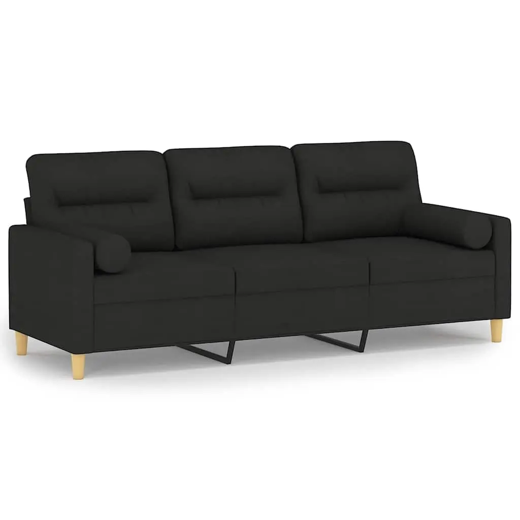 3-Seater Sofa Black Fabric Modern Living Room Couch with Throw Pillows 180cm