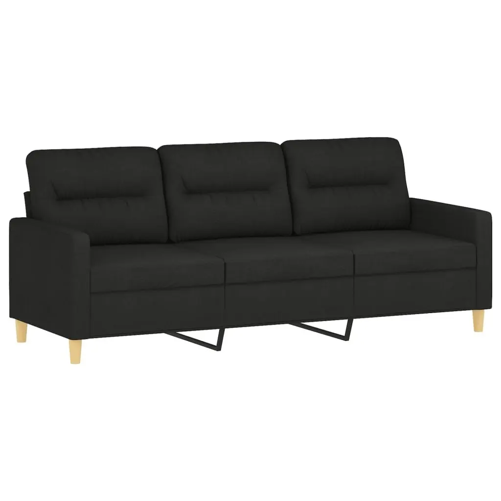 3-Seater Sofa Black Fabric Modern Living Room Couch with Throw Pillows 180cm