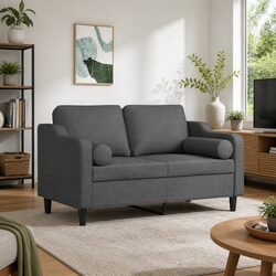 2-Seater Sofa Grey Fabric Modern Lounge Couch with Throw Pillows 120cm