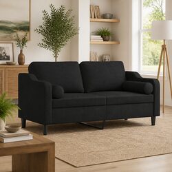2-Seater Sofa Black 140cm Modern Lounge Furniture with Throw Pillows Fabric