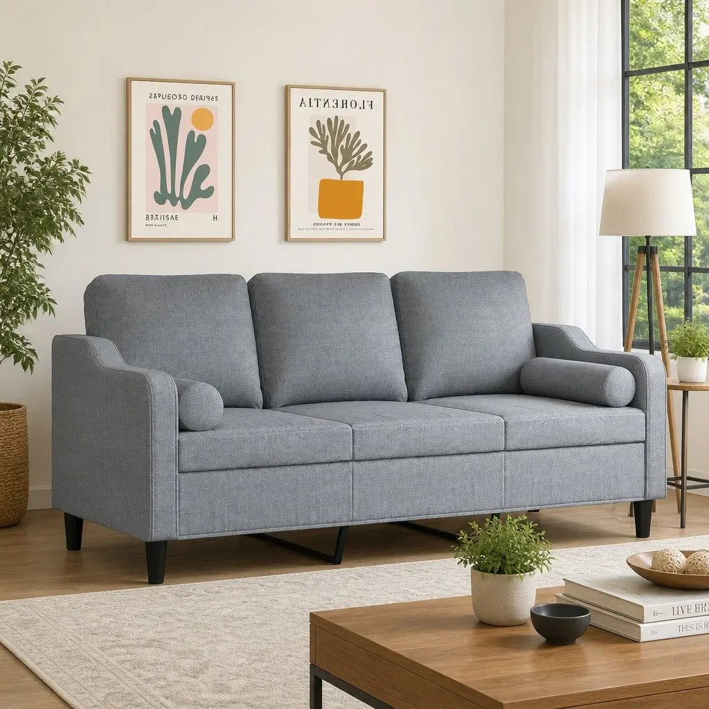 3-Seater Sofa Light Grey Modern Fabric Couch with Pillows