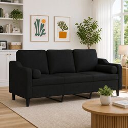 3-Seater Sofa Black Fabric Lounge Couch Modern Design with Throw Pillows 180cm