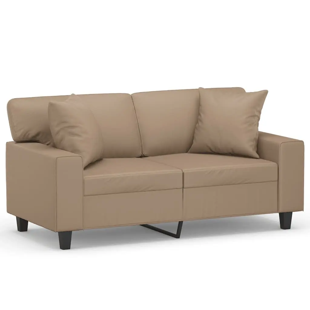 2-Seater Sofa Brown Faux Leather Modern Design Lounge Couch with Throw Pillows